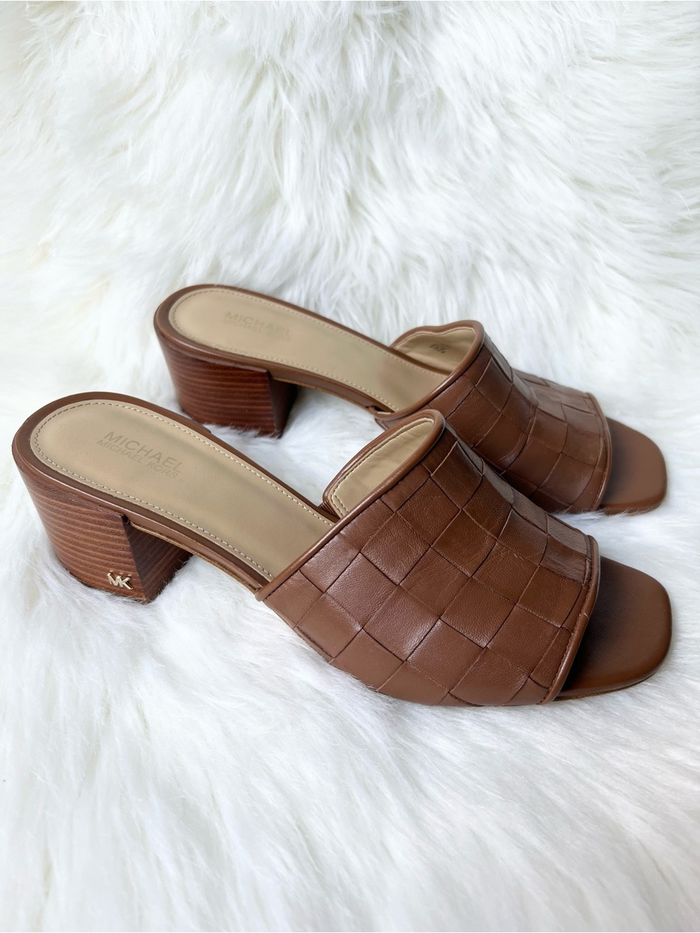 Michael Kors Ingrid Woven Leather Mule Sz 8 M Brown Block Heel Square Toe Retro